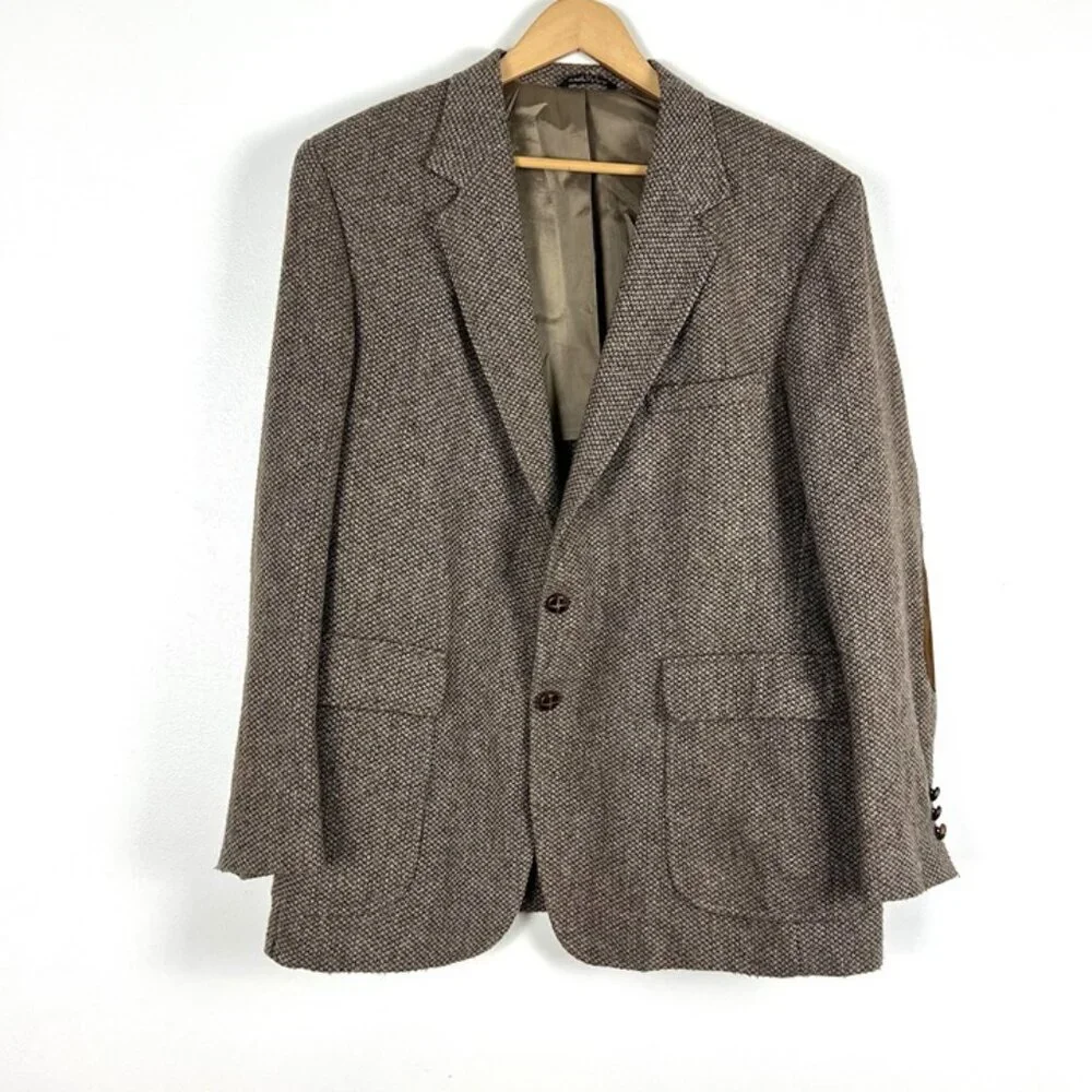 VTG Tweed Sport Coat Mens 44R Brown Barleycorn Wool Blazer Elbow Patches USA